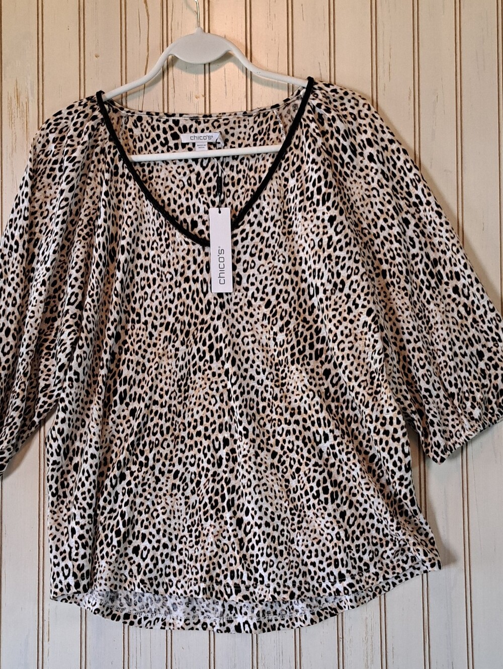 NWT Chico's Animal Print Linen Top Balloon Sleeves Braided Trim Sz 1 Medium